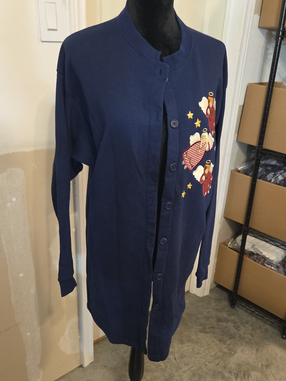 Pleasant Shade Vintage Navy Button-Front Cardigan Angel Embroidery Lagenlook